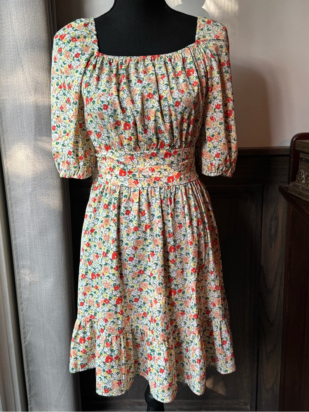 BTFBM Smocked Waist open back Floral Midi Dress small Euc
